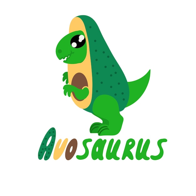 Divertido dinosaurio con traje de aguacate Ilustración vectorial aislada sobre fondo blanco con inscripción