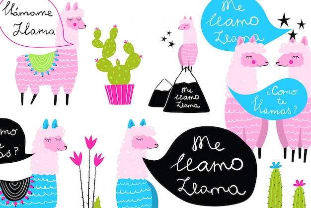 Divertido diseño peculiar de LLamas y cactus de fondo para estampados lindos.