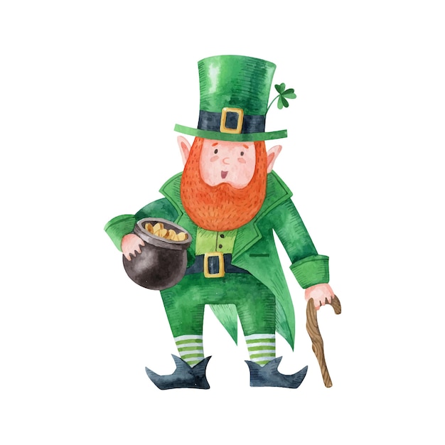 Divertido duende de dibujos animados con olla de oro y bastón feliz día de san patricio arte vectorial