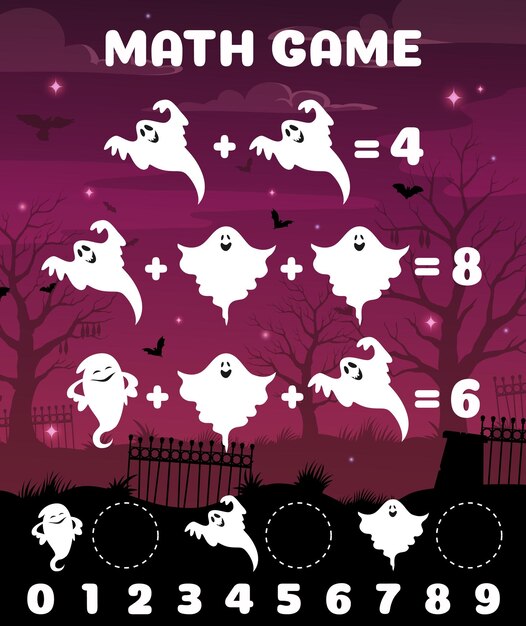 Divertido fantasma de Halloween en la hoja de trabajo del juego de matemáticas