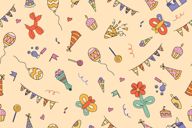 Divertido fondo de fiesta sin costuras dibujado a mano con cajas de regalos globos y decoración festiva genial para