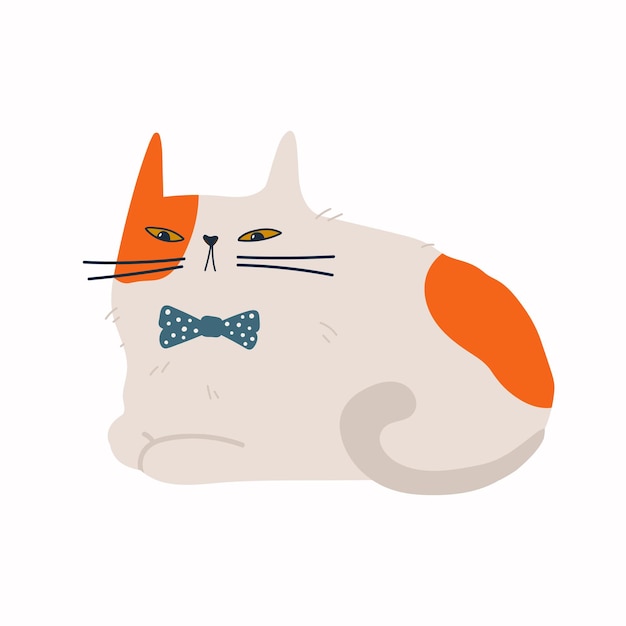 Divertido gato blanco doméstico con manchas rojas en pajarita Personaje de dibujos animados Ilustración de vector plano