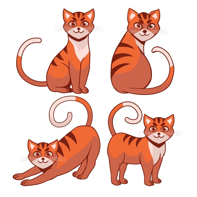 Divertido gato naranja de dibujos animados con 4 poses diferentes