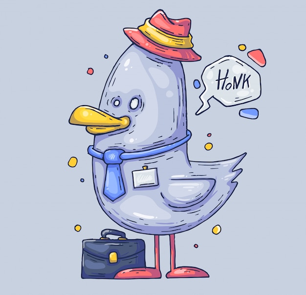 Divertido gerente de gaviota. pájaro con sombrero. ilustración de dibujos animados carácter en el estilo gráfico moderno.