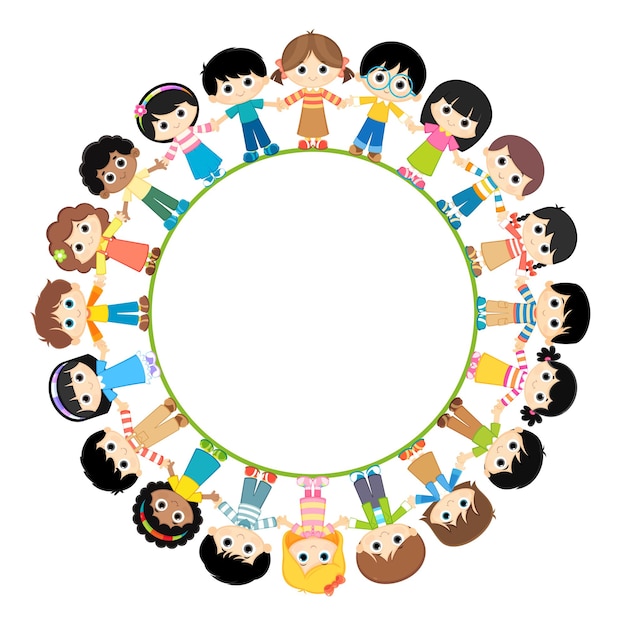 Vector divertido grupo de dibujos animados de niños de pie alrededor de un cartel de círculo vacío ilustración vectorial aislada
