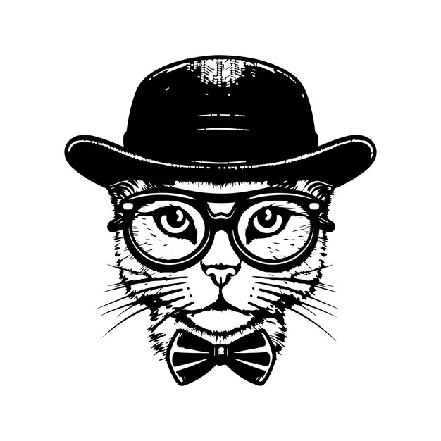 Divertido hipster gato vintage logo línea arte concepto blanco y negro color dibujado a mano ilustración
