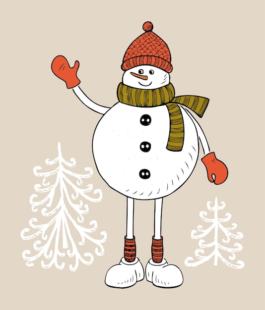 un divertido hombre de nieve de dibujos animados agitando la mano árboles de abeto congelados vector dibujado a mano