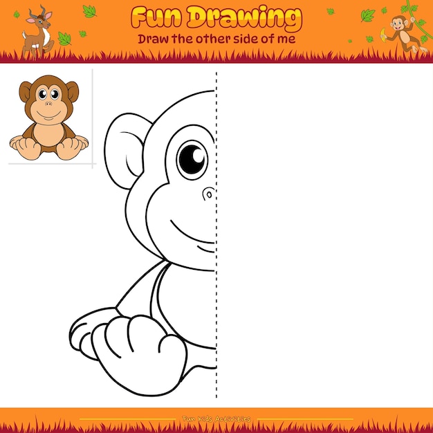 Divertido juego de dibujo, dibujo de espejo, mono de dibujos animados, actividades divertidas para que los niños jueguen y aprendan.