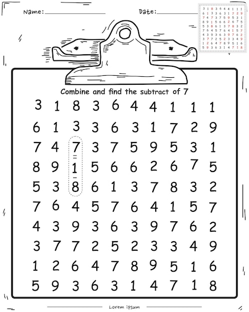 Divertido juego de matemáticas combinado para obtener el número restar siete