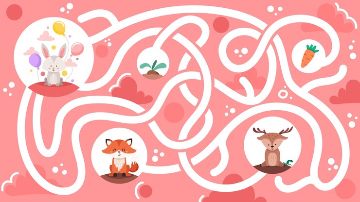 Vector divertido laberinto para niños con lindos animales y colores brillantes ayuda a la liebre a encontrar su zanahoria