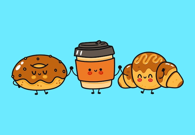 Divertido lindo donut feliz café y croissant de chocolate juego de personajes