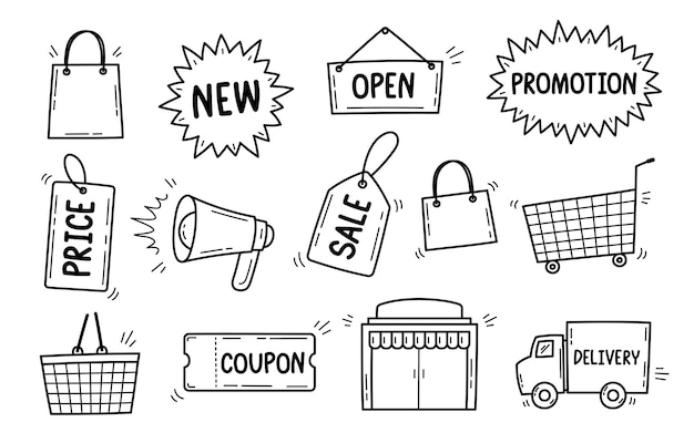 divertido y lindo elemento gráfico dibujado a mano vector establecido en el concepto de compras