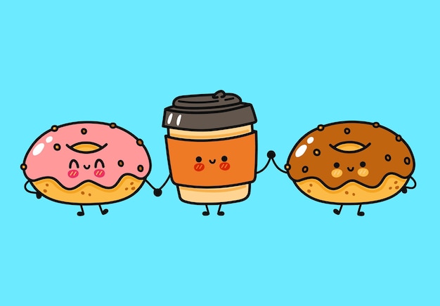Divertido lindo feliz donut cofee y chocolate donut personajes paquete conjunto