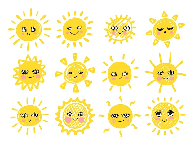 Divertido lindo sol puesta feliz sonriente sol personajes vector dibujado a mano doodle soleado icono