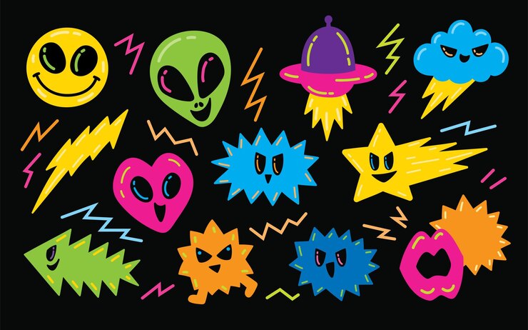 divertido y lúdico conjunto vectorial de elementos gráficos dibujados a mano de colores vívidos