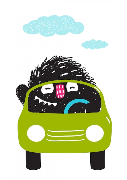 Vector divertido monster driving car cartoon para niños