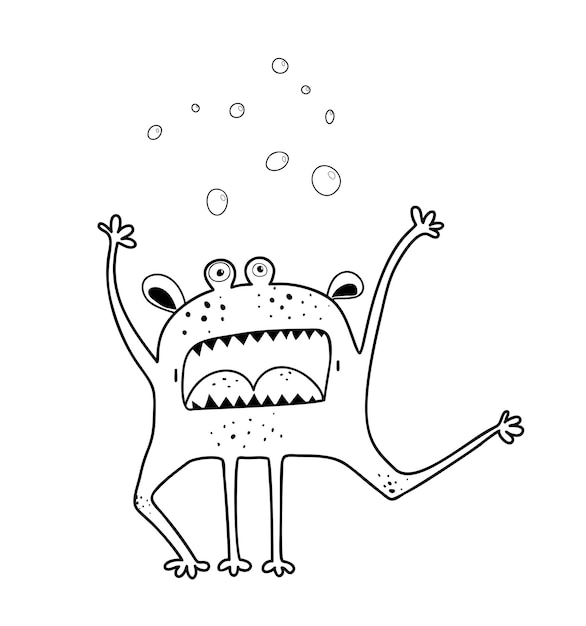 Divertido monstruo aterrador gritando agitando la mano y gritando criatura, adorable personaje imaginario monocromático para el libro de colorear de actividades para niños. página para colorear de contorno en blanco y negro.