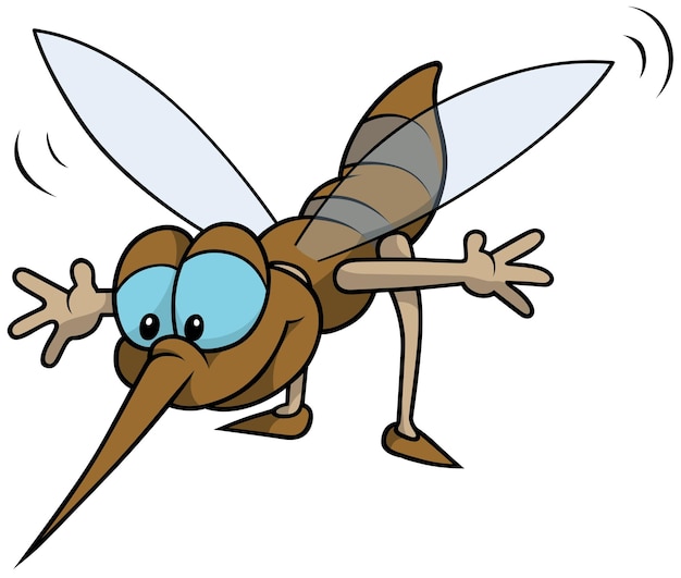 Vector divertido mosquito rayado marrón de ojos azules con los brazos abiertos volando en el aire