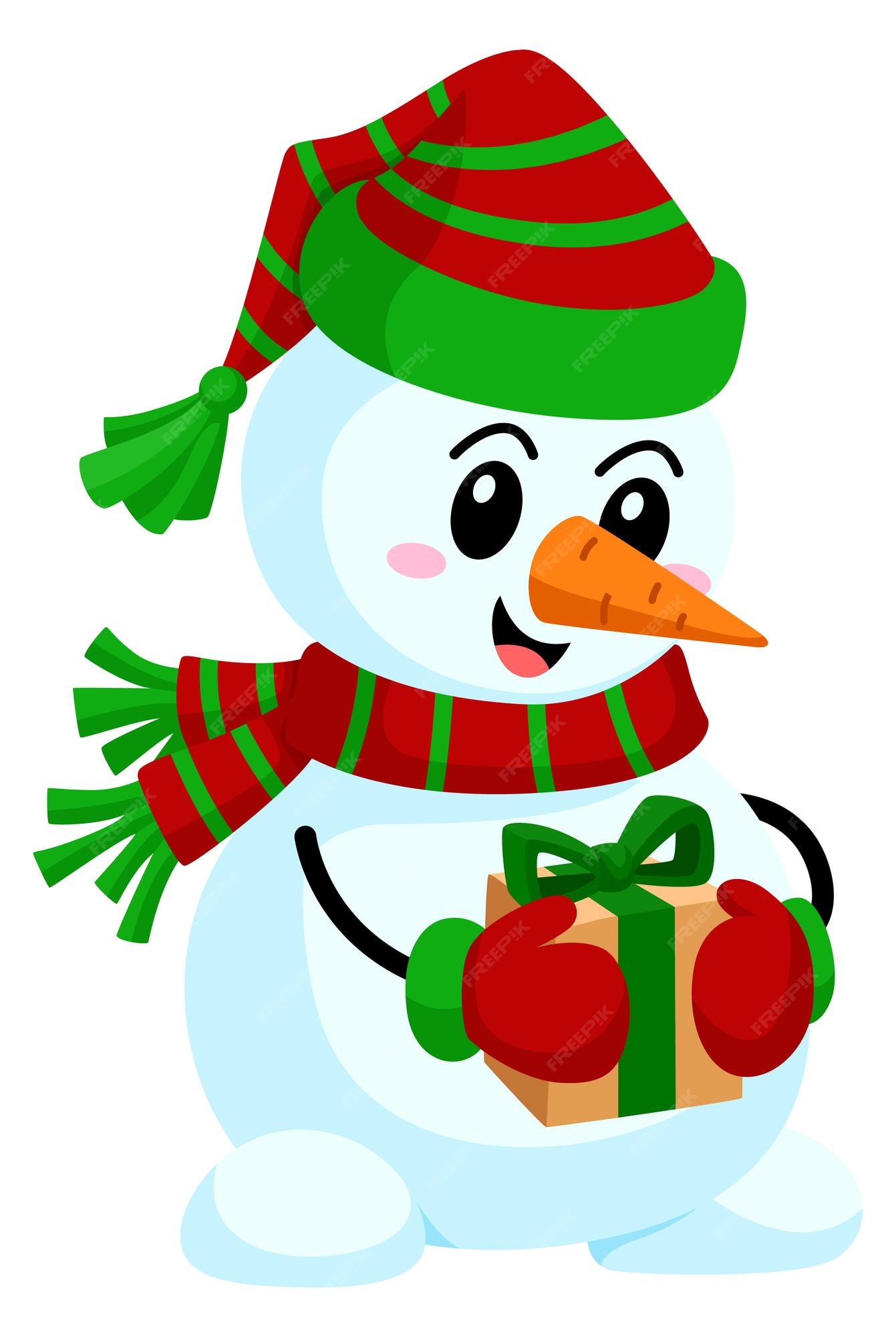 Divertido muñeco de nieve con caja de regalo celebración navideña de dibujos  animados | Vector Premium