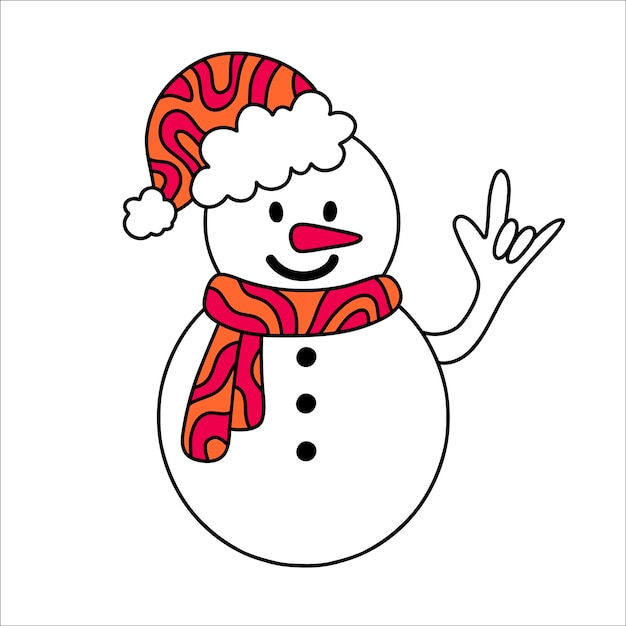 Divertido muñeco de nieve hippie con patrón de onda. Ilustración vectorial para diseño e impresión de postales