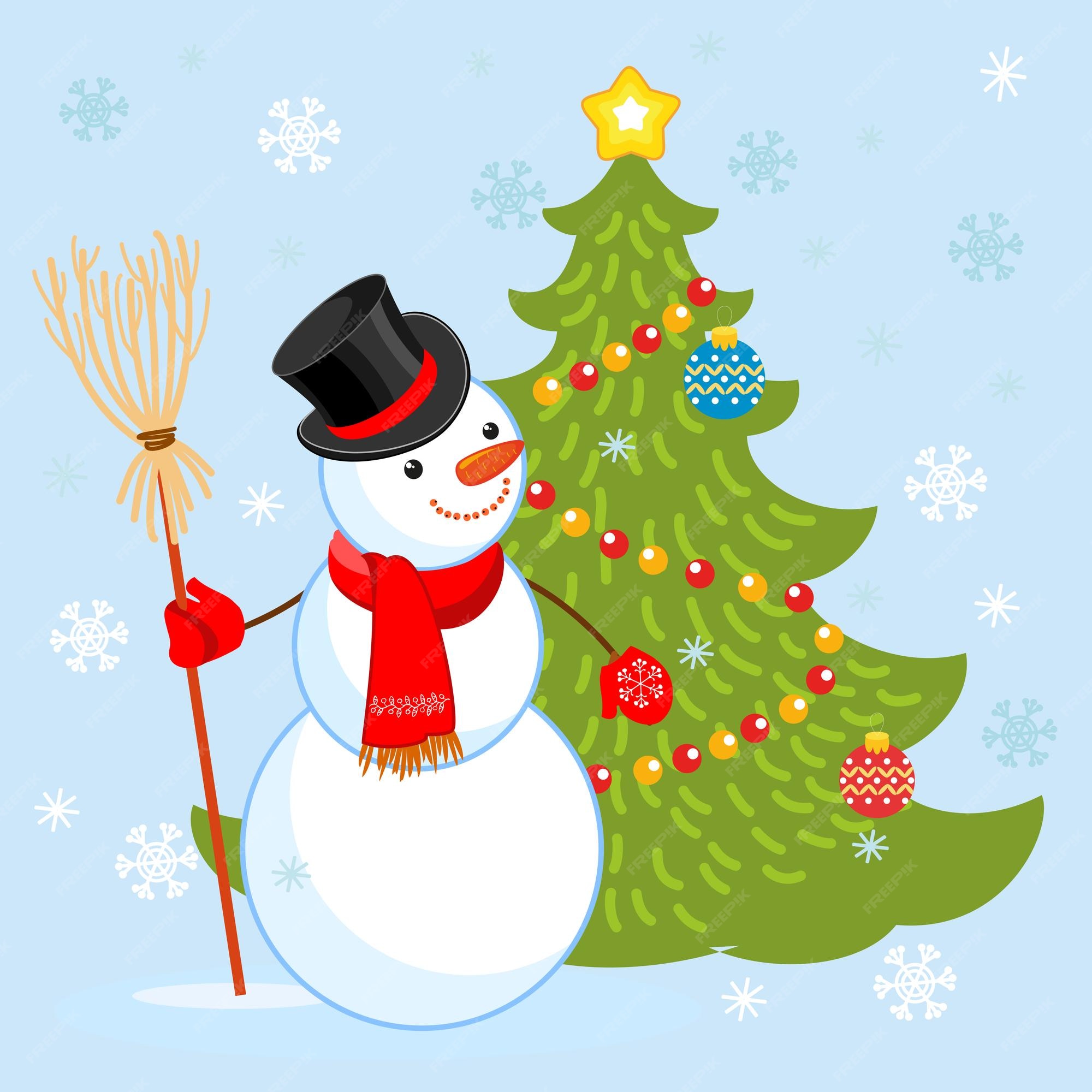 Creo que comunicación curva Divertido muñeco de nieve con sombrero. árbol de navidad decorado con  juguetes. | Vector Premium