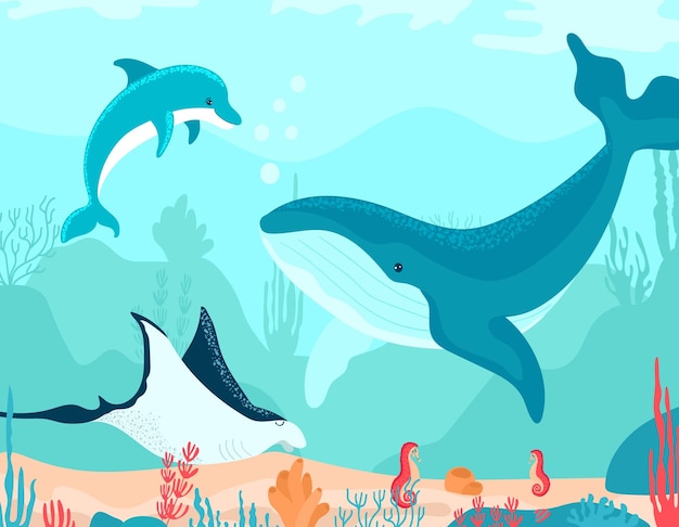 Divertido paisaje oceánico en estilo de dibujos animados mundo submarino mar arrecife de coral diseño plano vector ilustración aislado en blanco