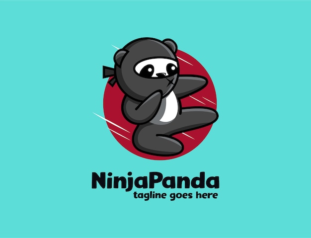 Divertido panda ninja juguetón pateando el logotipo de la mascota de dibujos animados