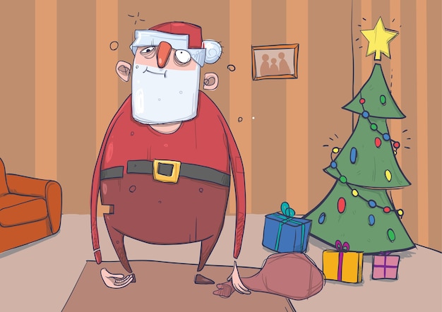 Vector divertido papá noel borracho con una bolsa se encuentra en una habitación con árbol de navidad decorado y regalos.