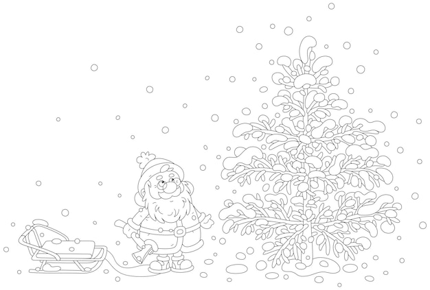 El divertido Papá Noel con un hacha y un trineo eligiendo un hermoso árbol de Navidad en un bosque de invierno