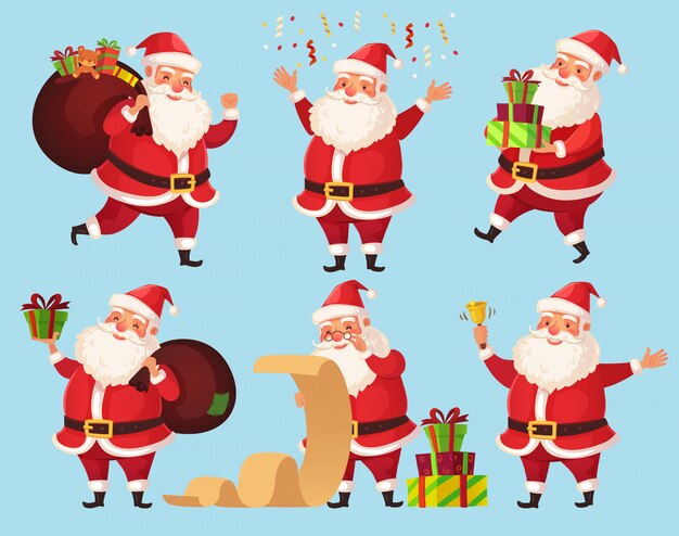 Divertido Papá Noel con regalos de Navidad, personajes de vacaciones de invierno