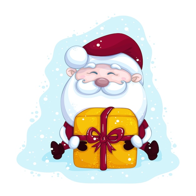 Vector divertido papá noel está sentado con una caja de regalo grande. carácter de vector de navidad sobre fondo con nieve.