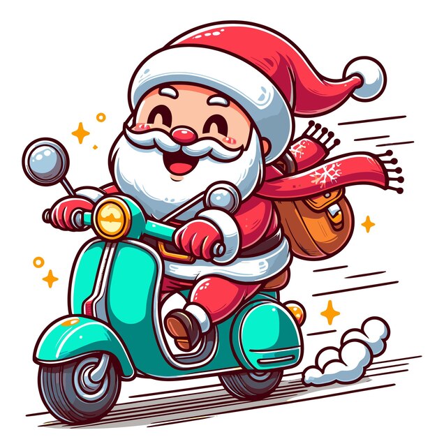 El divertido Papá Noel sonriente disfrutando mientras monta el scooter