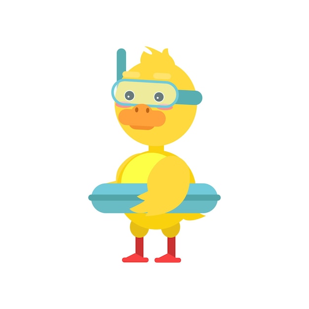 Divertido patito amarillo con aro salvavidas y máscara de buceo personaje de caricatura ilustración vectorial aislado en un fondo blanco