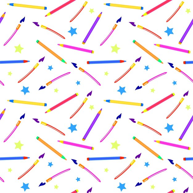 Divertido patrón colorido sin costuras con artículos escolares y elementos creativos De vuelta a la escuela sobre fondo blanco
