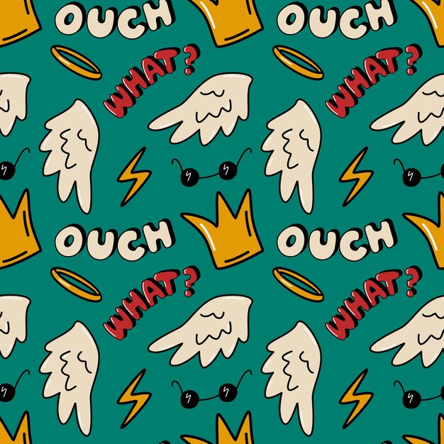 Divertido patrón sin costuras con elementos de estilo de dibujos animados antiguos Vector fondo repetitivo