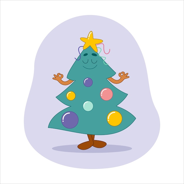 El divertido personaje del árbol de navidad con cara y emociones medita la ilustración de cartoonstyle vector