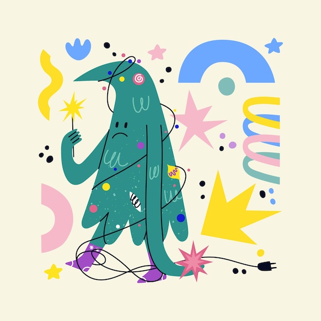 Divertido personaje de árbol de Navidad decorado con cara, piernas de manos. Abeto de vector dibujado a mano mostrando emociones. Impresión de Navidad y año nuevo para coches de felicitación, camisetas, carteles. Árbol de Navidad de dibujos animados bailando