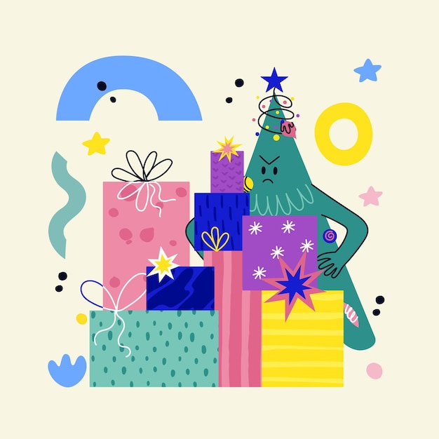 Divertido personaje de árbol de Navidad decorado con cara, piernas de manos. Abeto de vector dibujado a mano mostrando emociones. Impresión de Navidad y año nuevo para coches de felicitación, camisetas, carteles. Árbol de Navidad de dibujos animados bailando