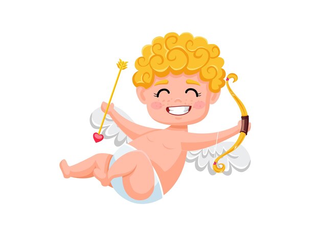 Divertido personaje de dibujos animados de cupido con arco y flecha. Elementos de ilustración vectorial de un día de San Valentín. aislado sobre fondo blanco