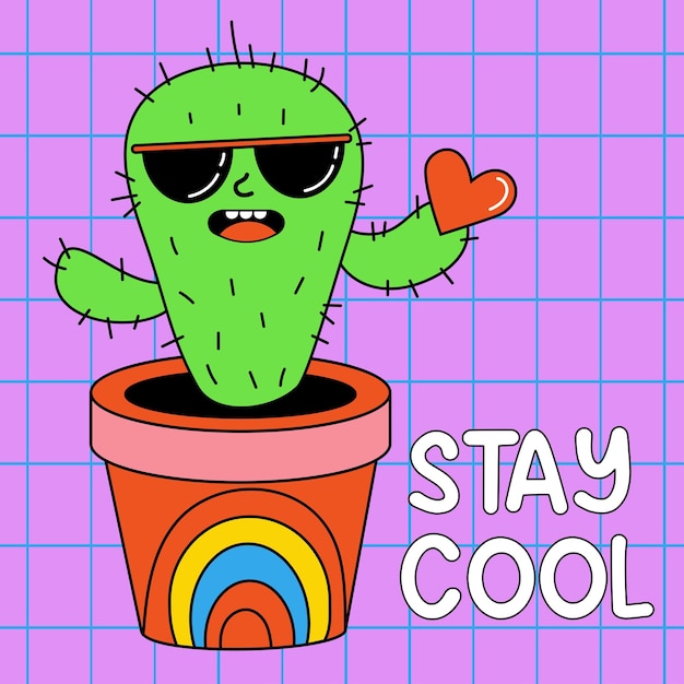 Divertido personaje de dibujos animados Groovy elemento funky maceta cactus en gafas de sol con corazón rojo Mantente fresco