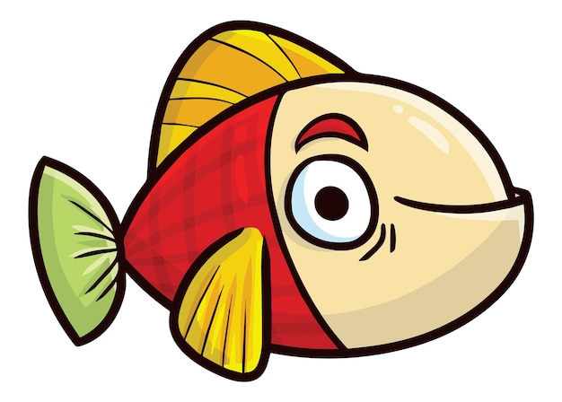 Divertido personaje de dibujos animados de pescado amarillo verde rojo