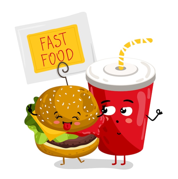 Divertido personaje de dibujos animados de vidrio y hamburguesa para llevar