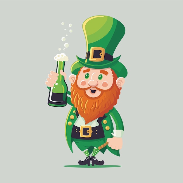 Divertido personaje de duende sosteniendo una botella de cerveza en pose de pie sobre fondo gris Concepto del día de San Patricio
