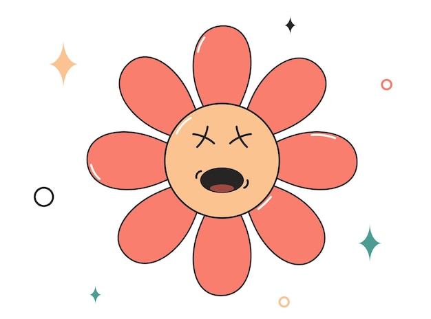 Vector divertido personaje de flor groovy diseño de camiseta adhesiva en el estilo de moda de los años 70 ilustración retro