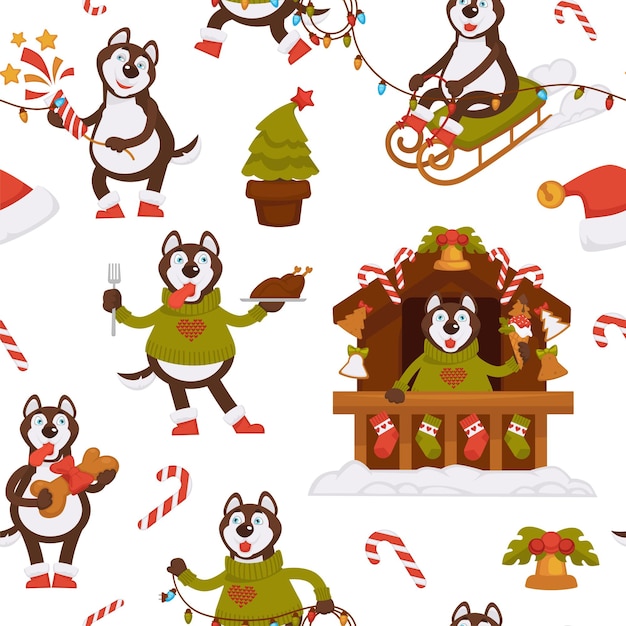 Divertido personaje husky celebrando las vacaciones de invierno de patrones sin fisuras Perro montando trineo vendiendo souvenirs en puesto Pino decorado con adornos en maceta Dulces y galleta Vector en estilo plano