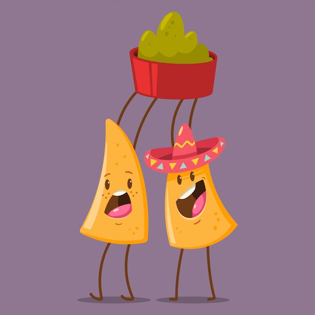 Vector divertido personaje de nachos en sombrero con salsa de guacamole. ilustración de dibujos animados de vector de comida mexicana lindo aislado