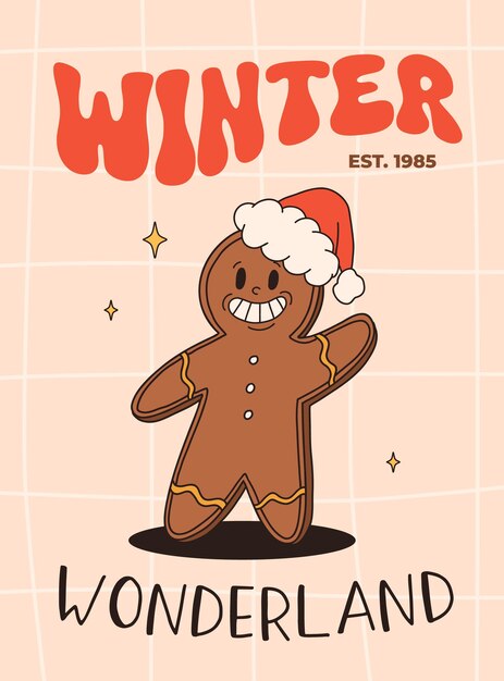 Divertido personaje navideño de dibujos animados retro en un maravilloso estilo vintage de los años 50, 60 y 70. Feliz año nuevo mascota con café caliente, cacao, pastel de jengibre, magdalena y galleta, personajes vintage de Navidad.