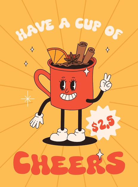 Divertido personaje navideño de dibujos animados retro en un maravilloso estilo vintage de los años 50, 60 y 70. Feliz año nuevo mascota con café caliente, cacao, pastel de jengibre, magdalena y galleta, personajes vintage de Navidad.