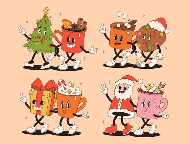 Divertido personaje navideño de dibujos animados retro en un maravilloso estilo vintage de los años 50, 60 y 70. Feliz año nuevo mascota con café caliente, cacao, pastel de jengibre, magdalena y galleta, personajes vintage de Navidad.