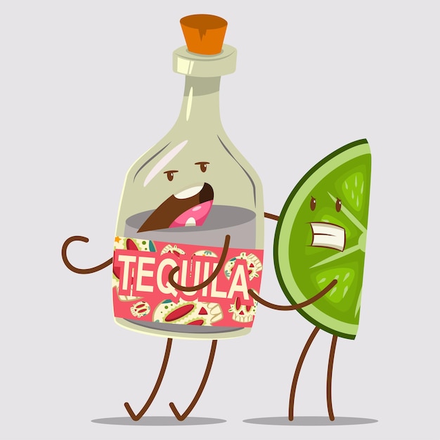 Divertido personaje de tequila y limón. ilustración de dibujos animados lindo comida y bebida mexicana aislada sobre fondo.